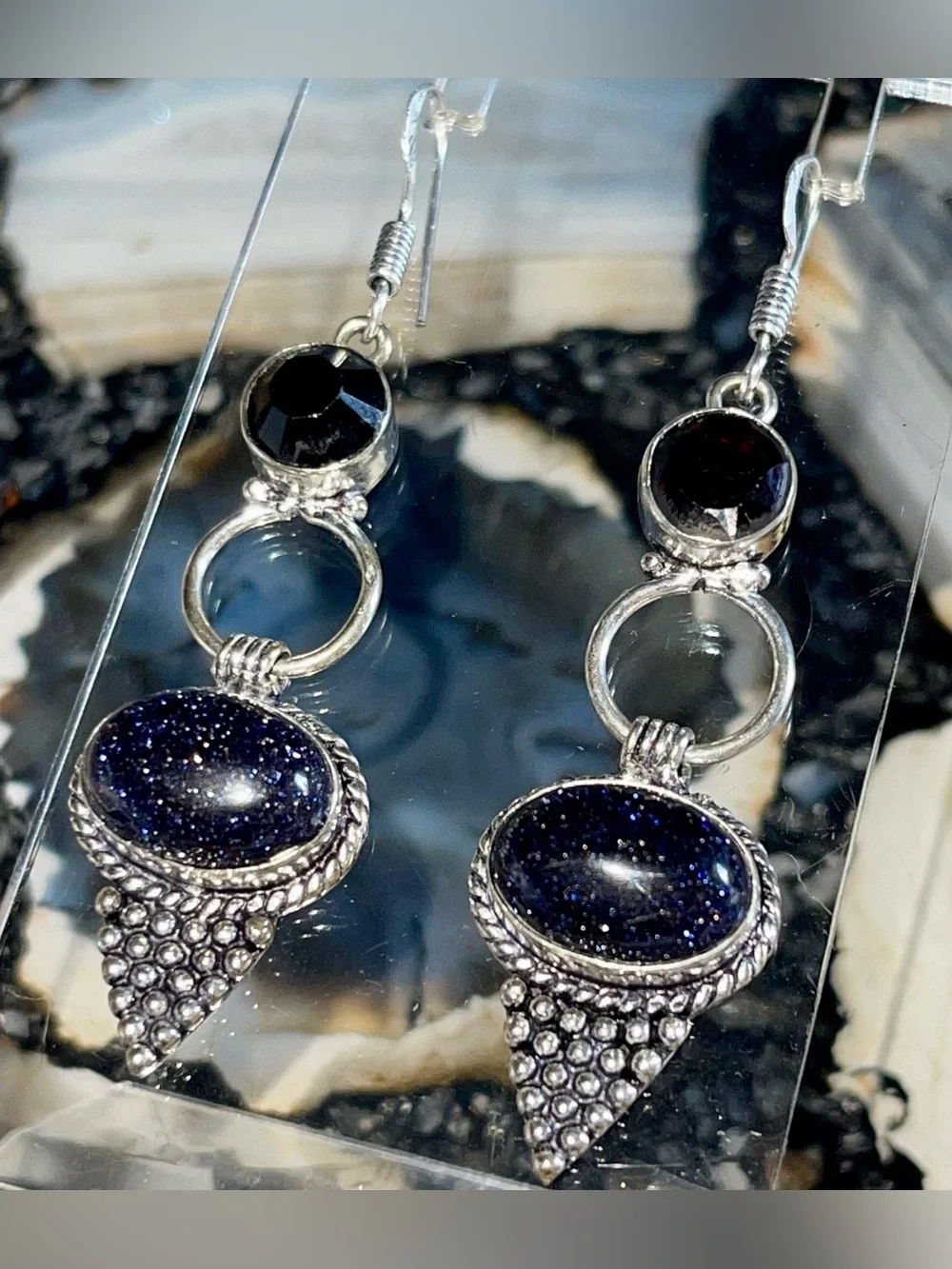 Deep Sparkly Bluestone Sandstone Earrings 2 1/2”